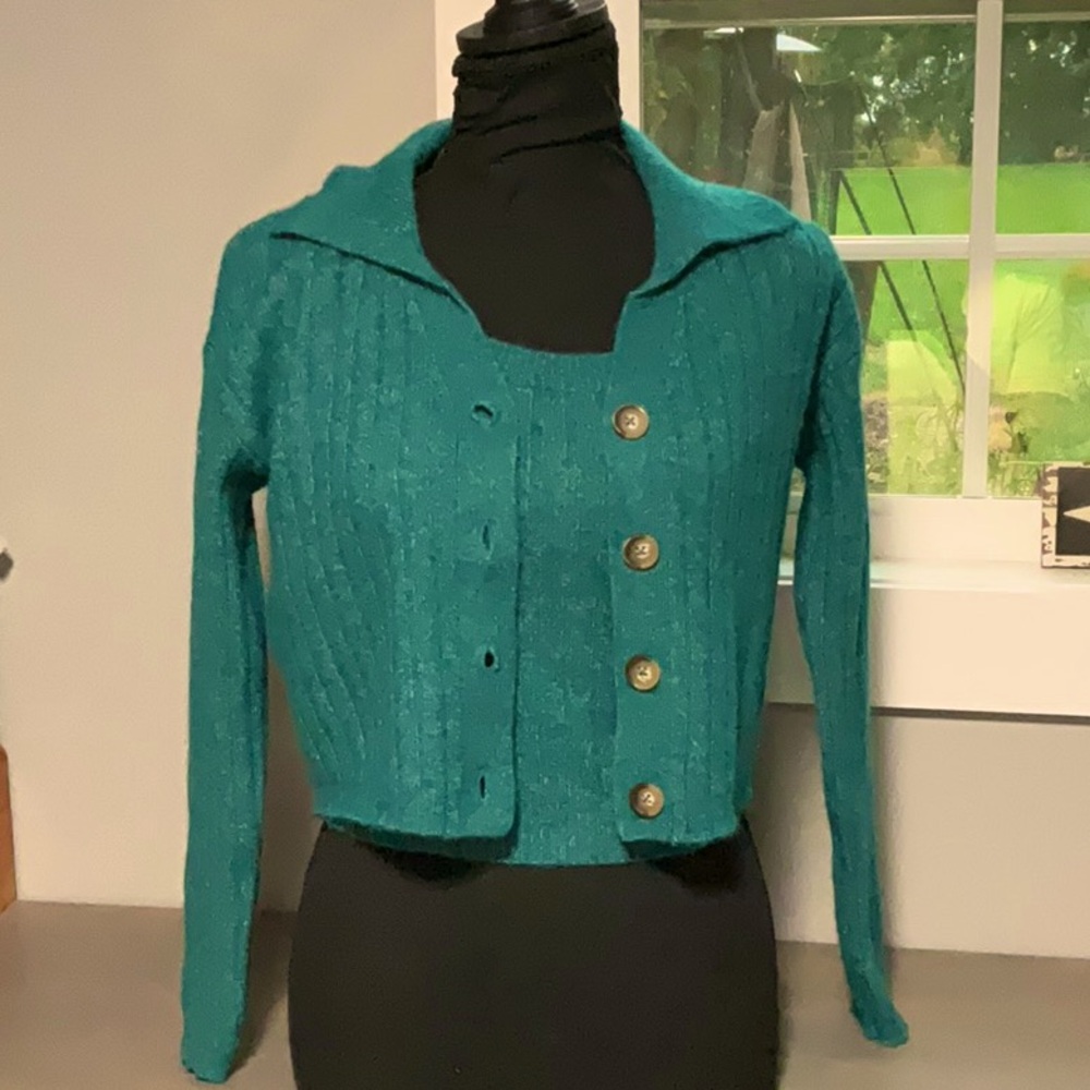 Girls Cardigan Sweater and tank - Teal - Girls Large 10/12 - Soft and Cozy